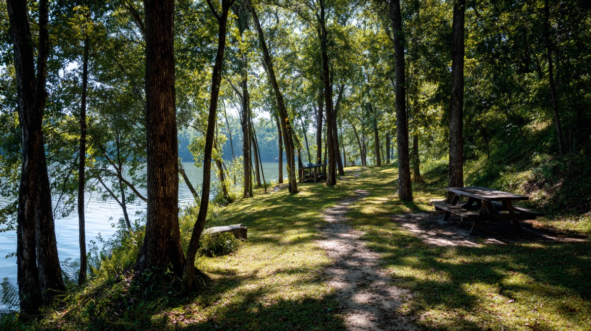 A wooded lakeside campsite at Raccoon Lake State Recreation Area with a dirt path, picnic tables, and benches shaded by tall green trees beside calm blue water