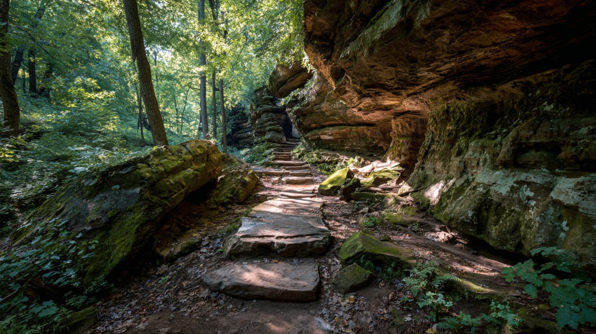 A rocky forest trail winding through sandstone cliffs and moss-covered boulders in Shades State Park.