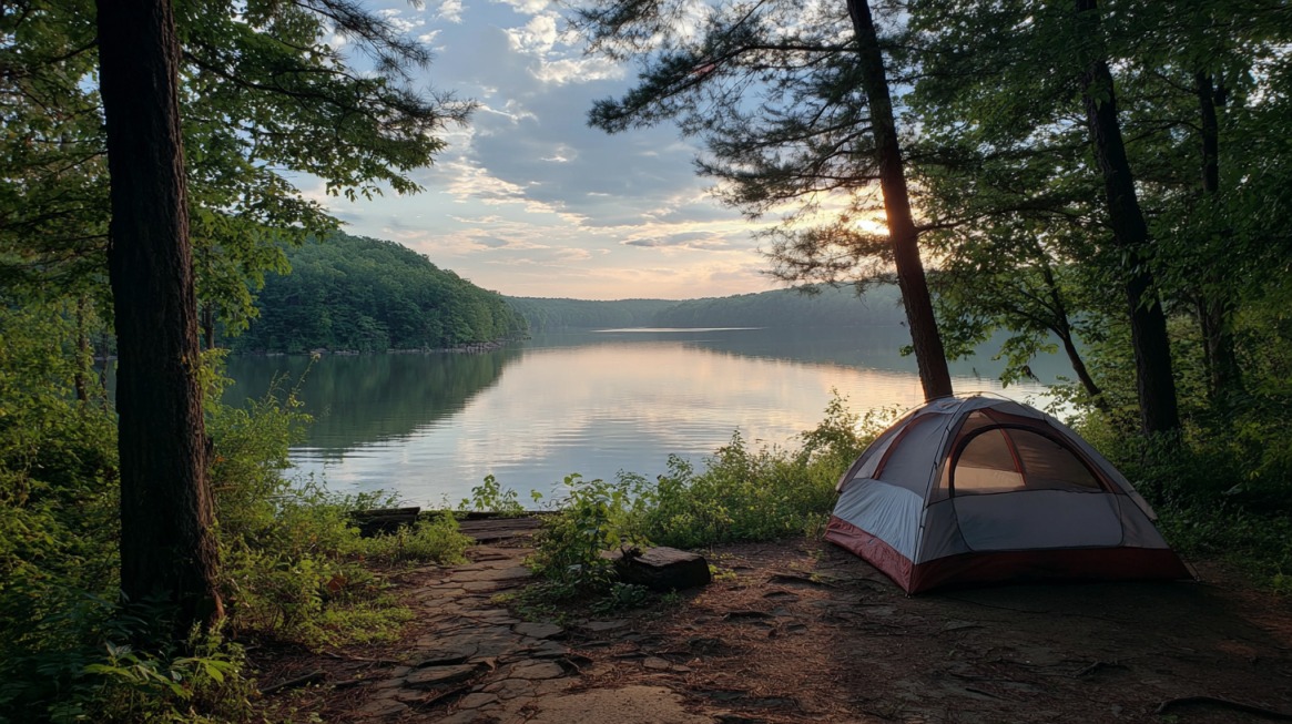 A tent set up at campsite #93 in the Lakeview area of Raccoon Lake State Recreation Area, overlooking calm water at sunrise surrounded by trees and soft morning light