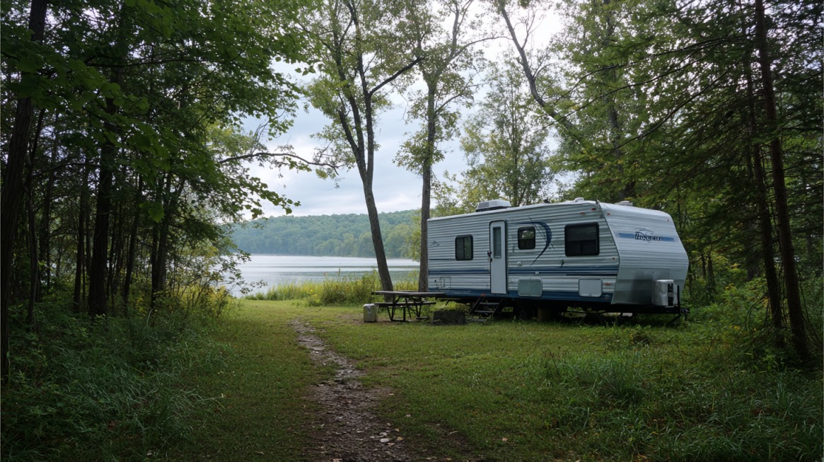 An RV parked at campsite #130 in Raccoon Lake State Recreation Area, surrounded by trees with a picnic table nearby and a view of the calm lake through the forest