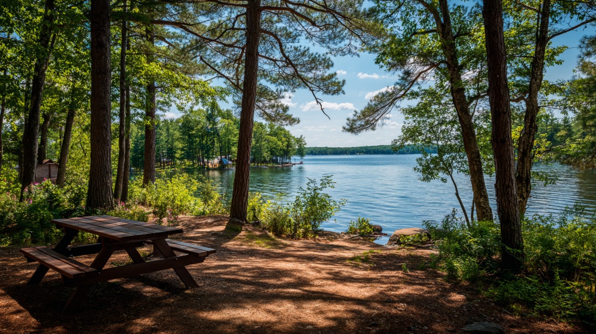A lakeside campsite at Raccoon Lake State Recreation Area with a wooden picnic table shaded by trees overlooking calm blue water and a distant wooded shoreline
