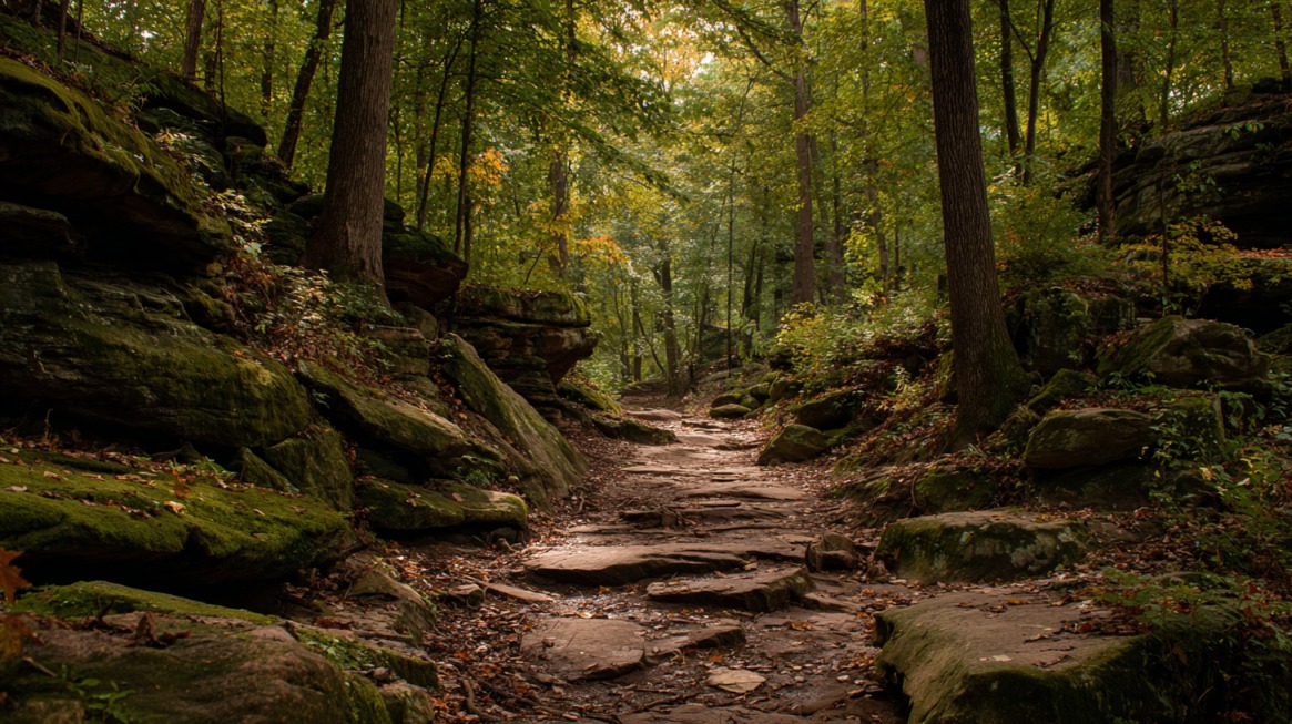 A shaded forest trail surrounded by mossy rocks and tall trees with early autumn leaves
