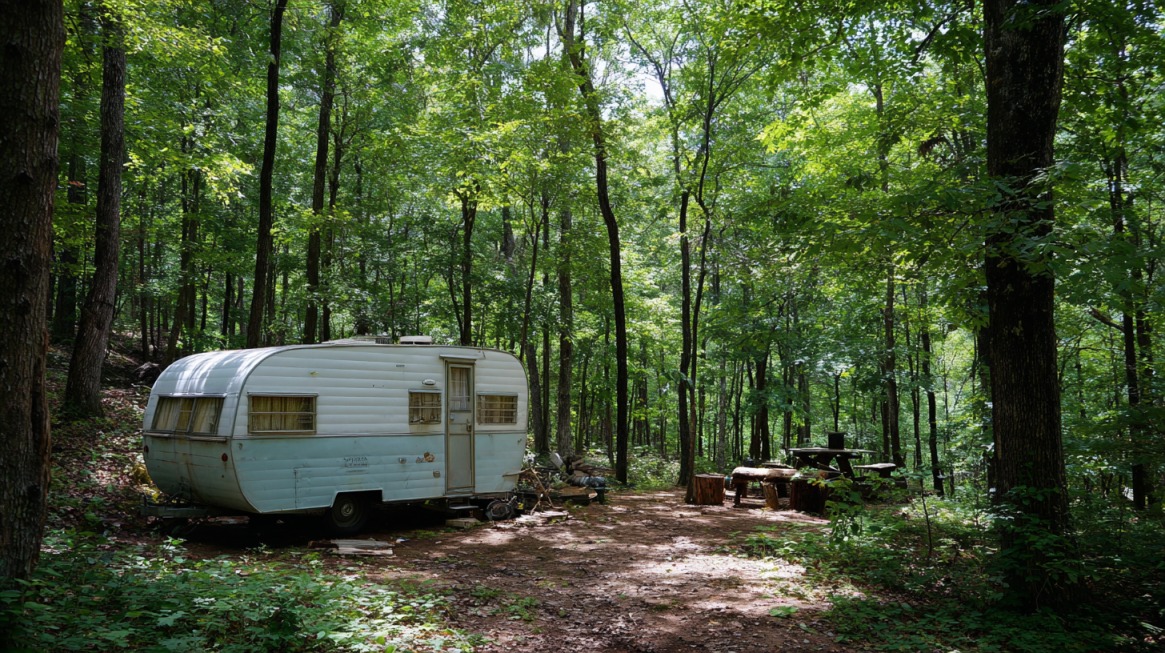 A small vintage camper trailer parked at campsite #8 on Songbird Loop at Raccoon Lake State Recreation Area, surrounded by tall green trees with a picnic table and rustic log seats nearby