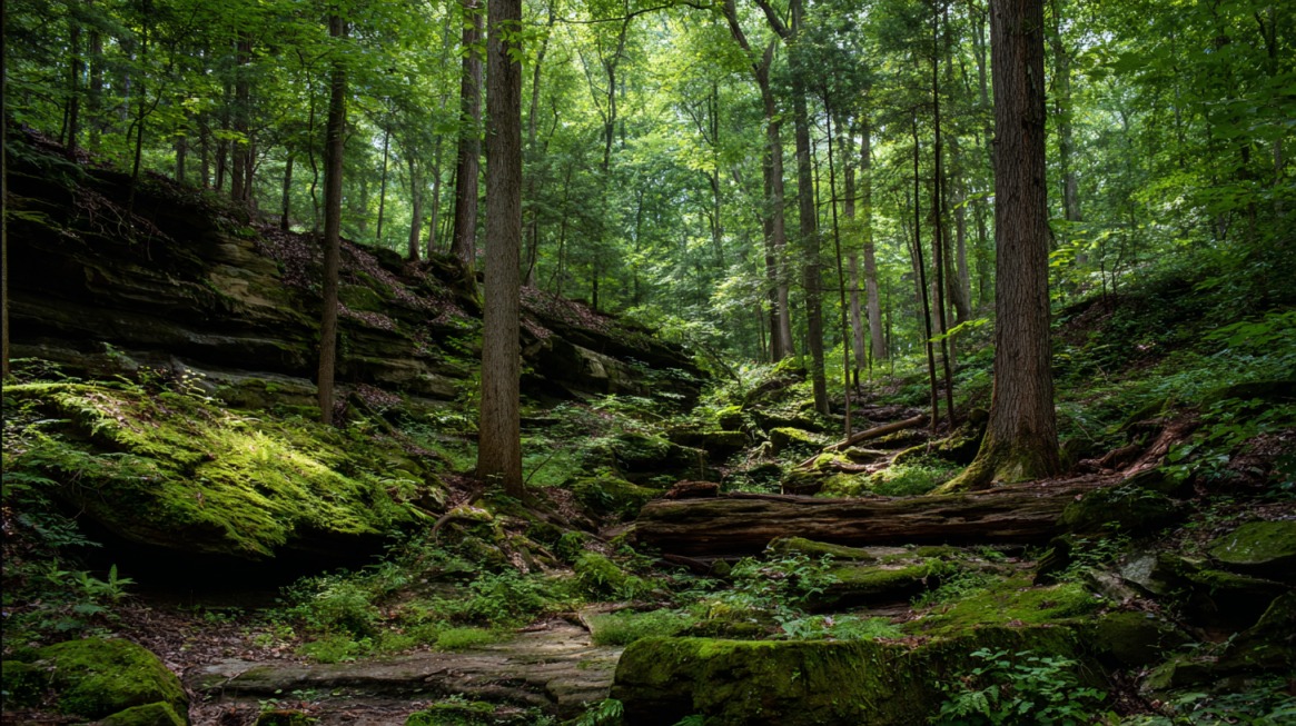 A mossy forest scene with tall trees, sandstone cliffs, and fallen logs in Shades State Park