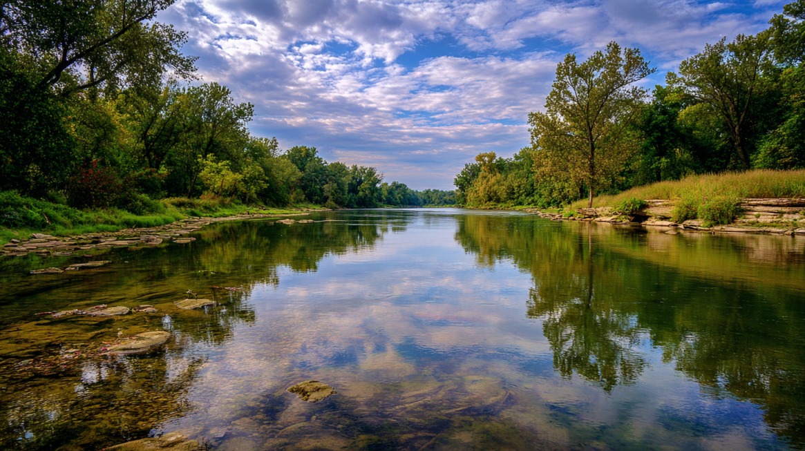 A tranquil river flowing through green forested banks with reflections of trees and a cloudy blue sky, depicting the peaceful course of the Wabash River in Indiana