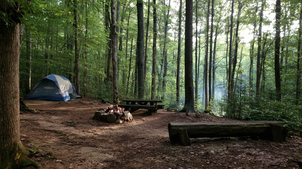 A forest campsite at Raccoon Lake State Recreation Area with a blue and gray tent, campfire ring, wooden benches, and picnic table surrounded by tall trees and morning light filtering through the woods
