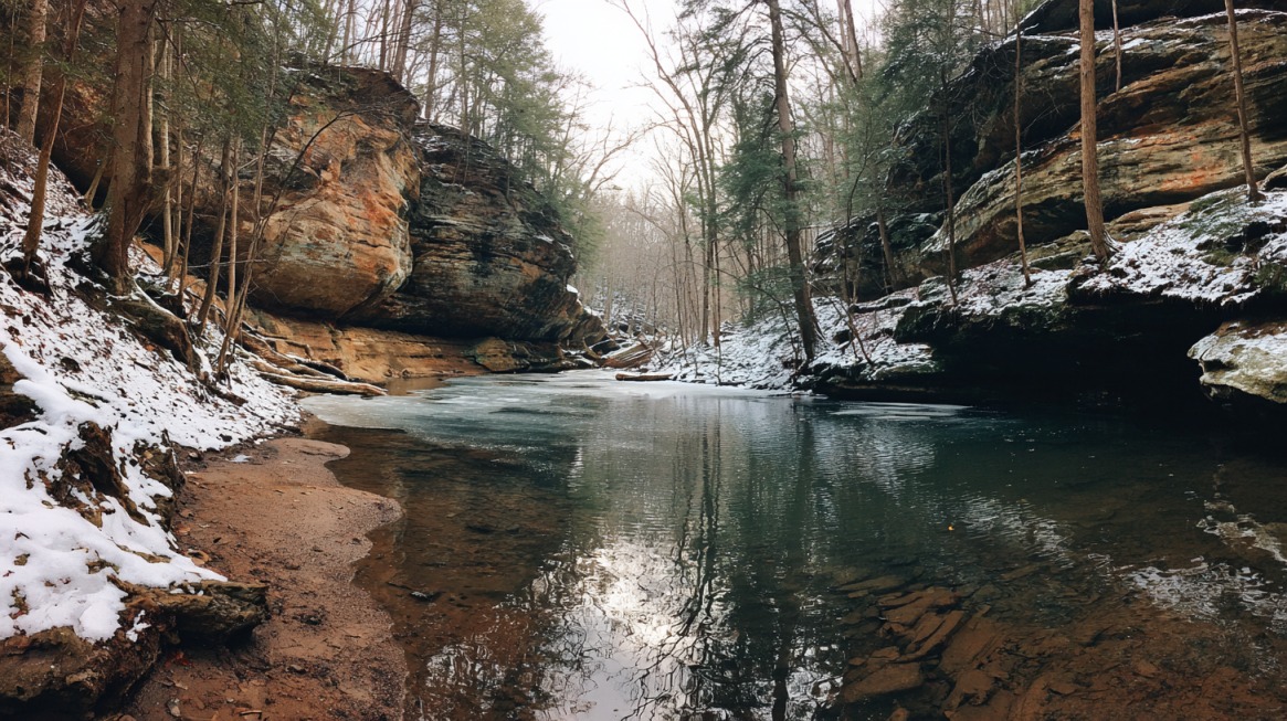 Snowy canyon with calm river and sandstone cliffs at Turkey Run State Park